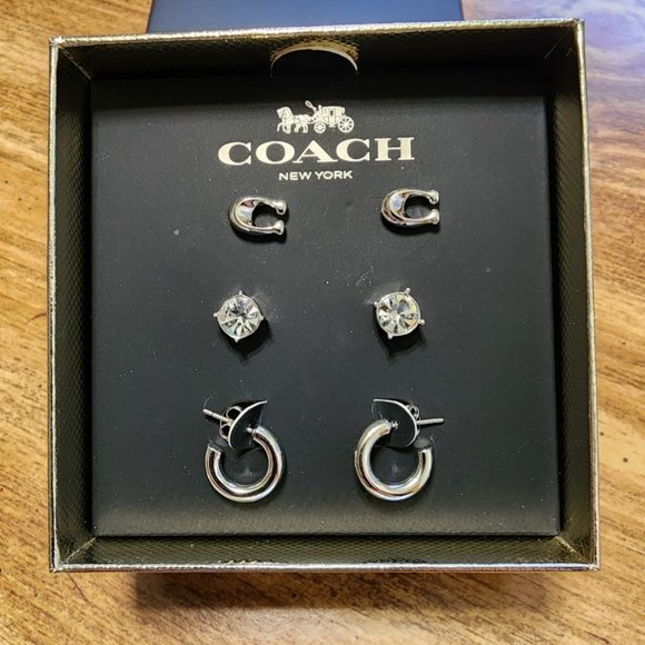 New Coach Silver Stud Earring Set - 3 different earrings - Signature, CZ & Hoop - Picture 1 of 5